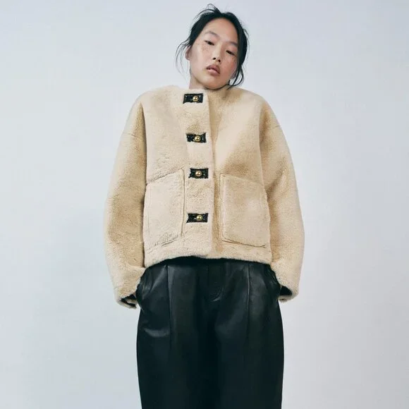 Zara Faux Fur Jacket ZW Collection – Ecru – Size Small – Metal Button Closure - Picture 2 of 8